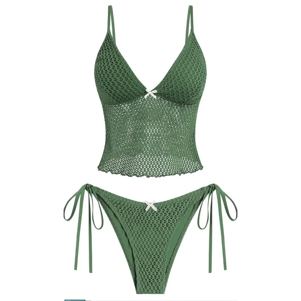 Zaful Tankini Mesh Swimmng Suit Army Green 2-piece Bikini Set Bow Tie size Small